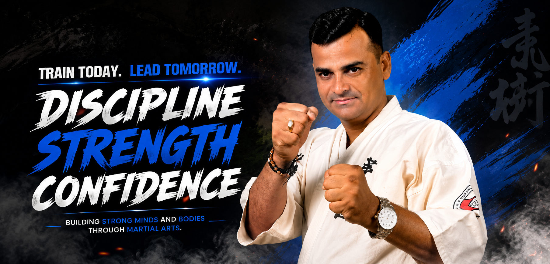 Sensei Rajesh Joshi in karate stance - Train Today, Lead Tomorrow. Discipline, Strength, Confidence. Rajesh Joshi's Shorin Kempo Karate Academy, Surat