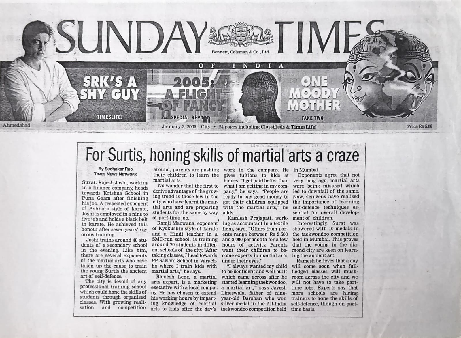 Scanned newspaper clipping from Sunday Times of India, 2 January 2005, featuring Sensei Rajesh Joshi